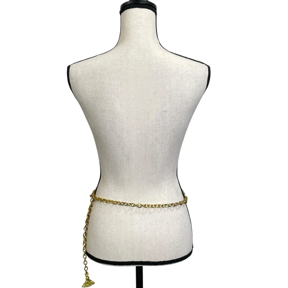 80s Gold Tone Quilted Flower Faux Pearl Chain Belt Tassel Charm 38